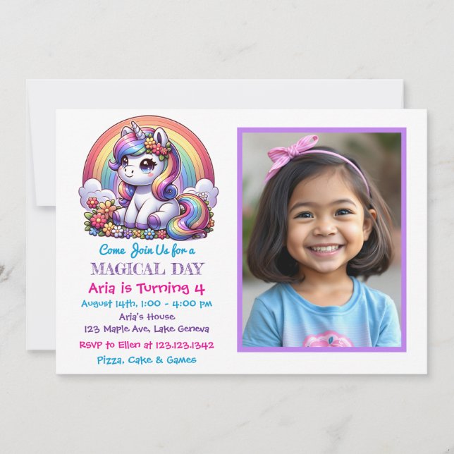 Niedliches Einhorn- und Regenbogenkind's Foto Gebu Einladung (Vorderseite)