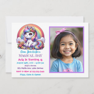 Niedliches Einhorn- und Regenbogenkind's Foto Gebu Einladung