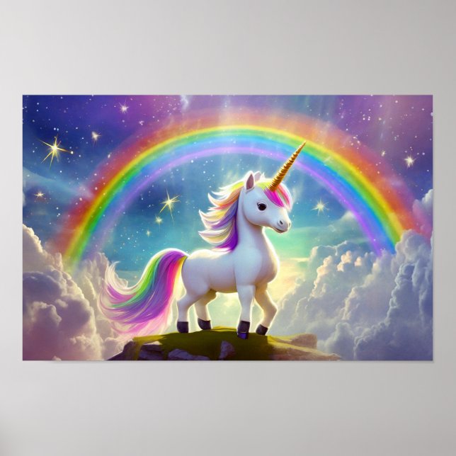 Niedliches Einhorn vor einem Regenbogen stehend Poster (Vorne)