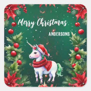 Niedliches Einhorn Weihnachten Weihnachten Geburts Quadratischer Aufkleber