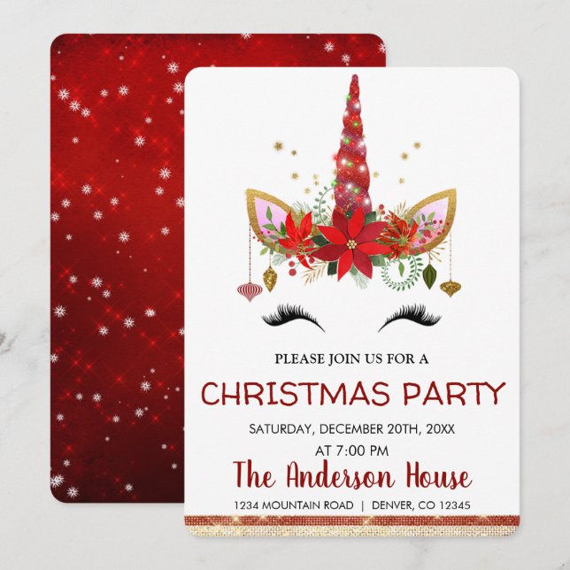 Niedliches Einhorn Weihnachtsfest Abendessen Party Einladung (Vorne/Hinten)