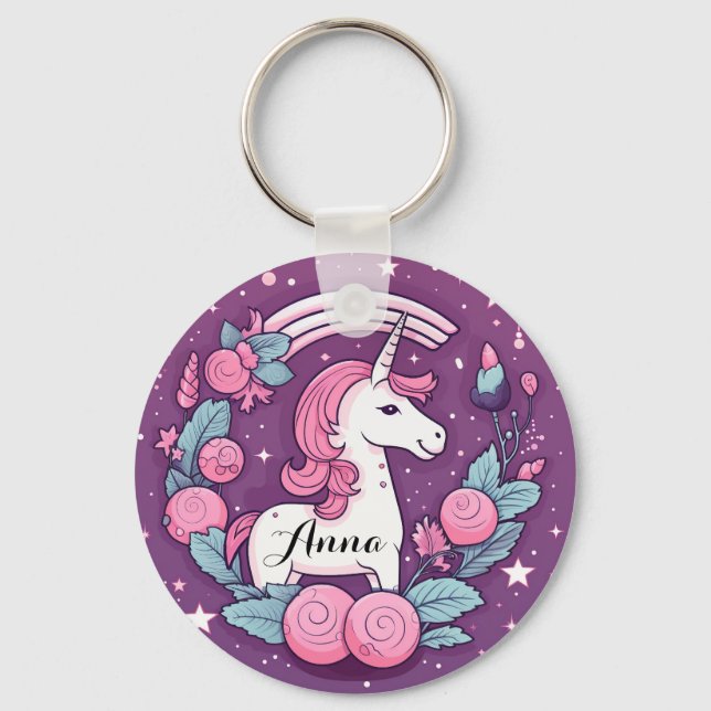 Niedliches Einhorndesign in rosa Personalisiert Schlüsselanhänger (Vorderseite)