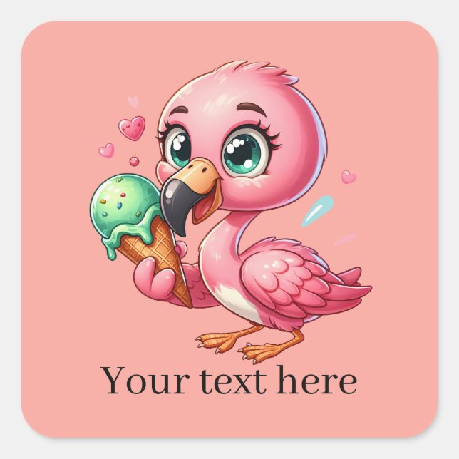 Niedliches Eis pink Flamingo fügen Text Quadratischer Aufkleber (Vorderseite)