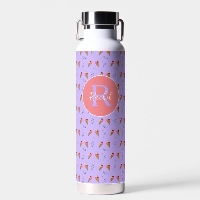 Niedliches Eiscrememuster Lila mit Monogrammname Trinkflasche (Vorne)