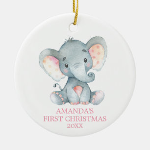 Niedliches Elefant Baby Girl Erster Weihnachtsrosa Keramik Ornament