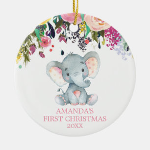 Niedliches Elefant Baby Girl Erster Weihnachtsrosa Keramik Ornament