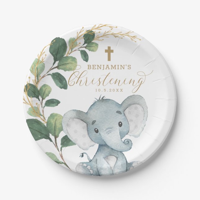 Niedliches Elefant-Grün-Gold verlässt Taufe Pappteller (Vorderseite)