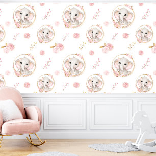 Niedliches Elefant White Pink Roses Floral Girl Tapete