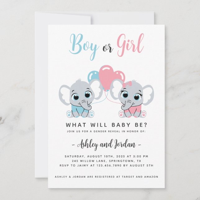 Niedliches Elefantengeschlecht offenbart Einladung (Vorderseite)