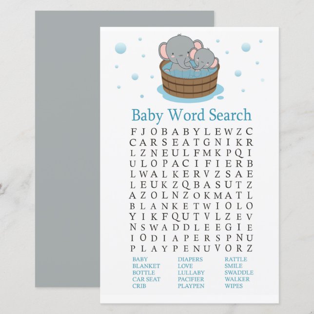 Niedliches Elephant Baby Shooter Word Search Game (Vorne/Hinten)