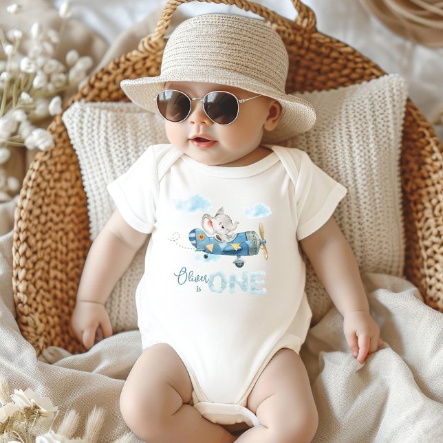 Niedliches Elephant Blue Flugzeug Eins 1. Geburtst Baby Strampler (cute elephant blue airplane adventure time flies one first 1st birthday party costume outfit)