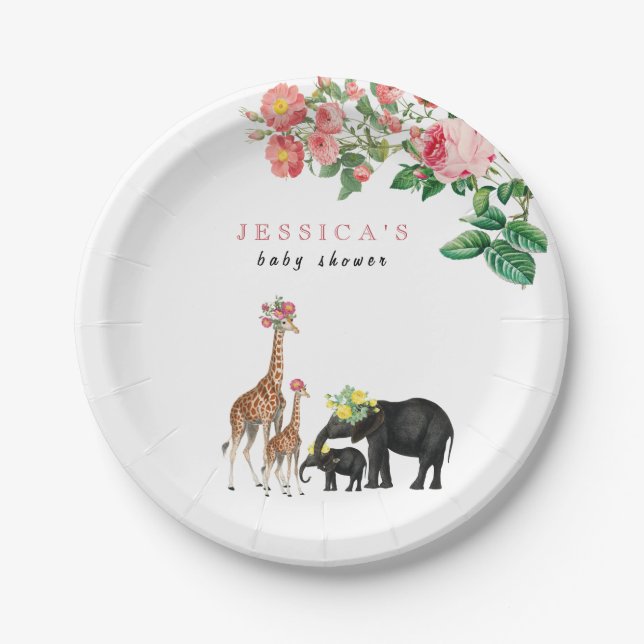 Niedliches Elephant & Giraffe Floral Baby Shower G Pappteller (Vorderseite)