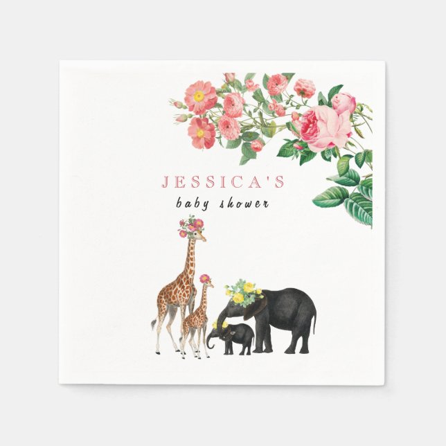 Niedliches Elephant & Giraffe Floral Baby Shower G Serviette (Vorderseite)