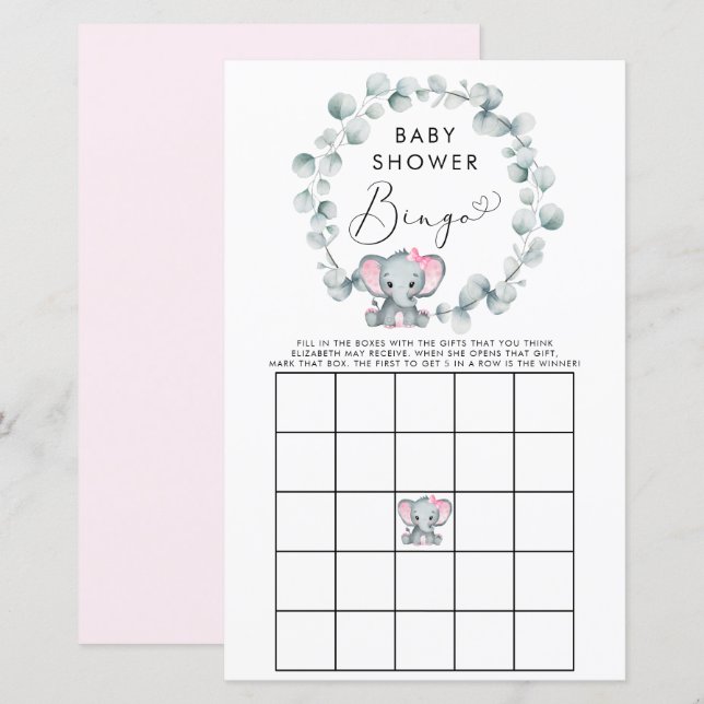 Niedliches Elephant Girl Baby Bingo Duschspiel (Vorne/Hinten)