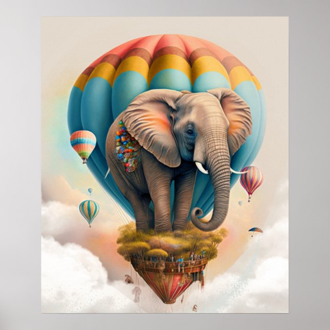 Niedliches Elephant Hot Air Ballon Whimsical Tier Poster (Vorne)