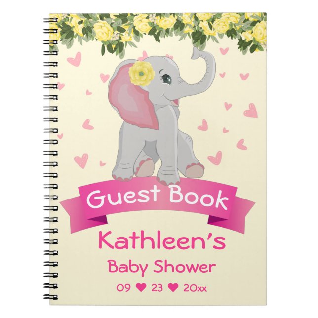 Niedliches Elephant Yellow Roses Baby Show Gästebu Notizblock (Vorderseite)