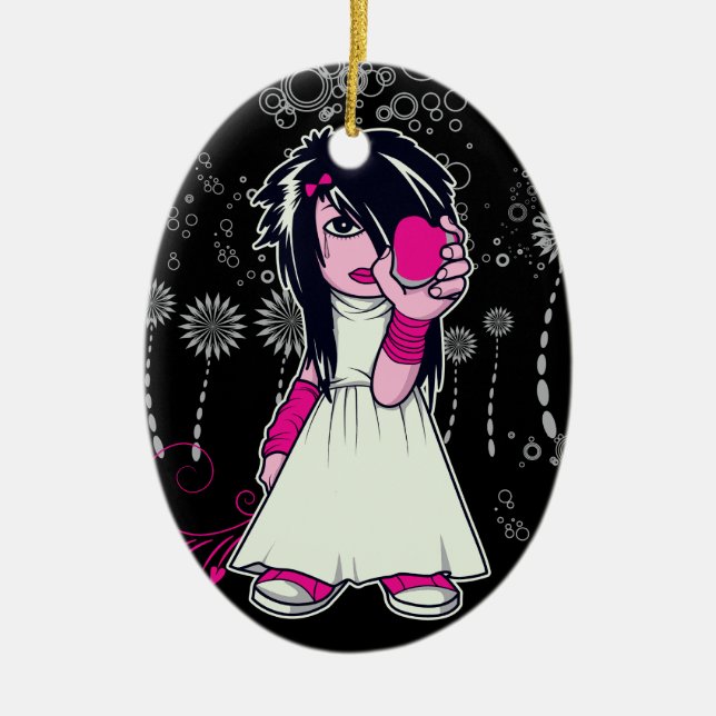 niedliches Emo-Mädchen mit Herzvektorkunst Keramikornament (Vorne)