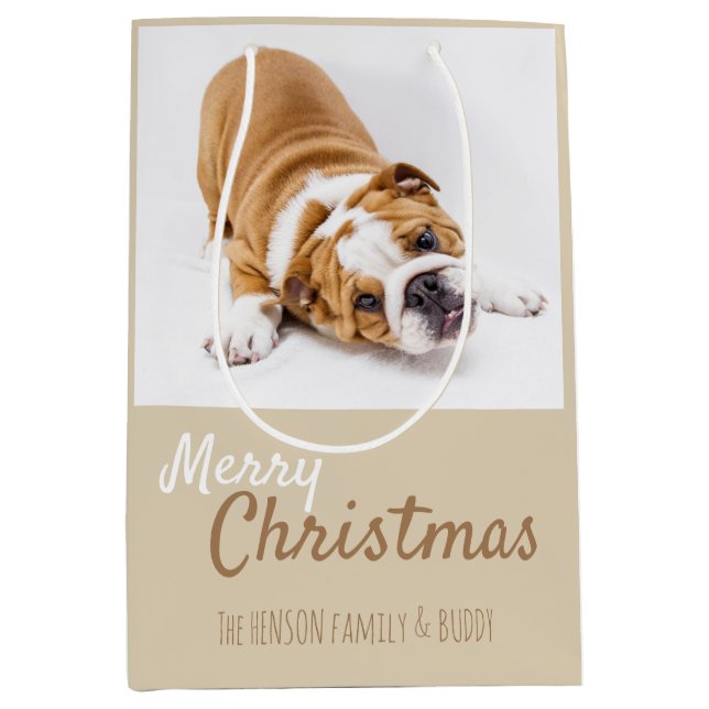 Niedliches English Bulldog Puppy Foto Christmas Mittlere Geschenktüte (Vorderseite)