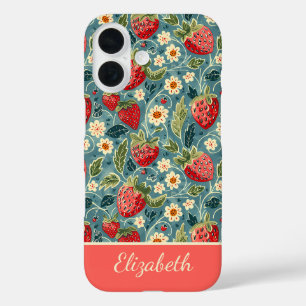 Niedliches Erdbeerdesign mit individuelle Name iPhone 16 Hülle
