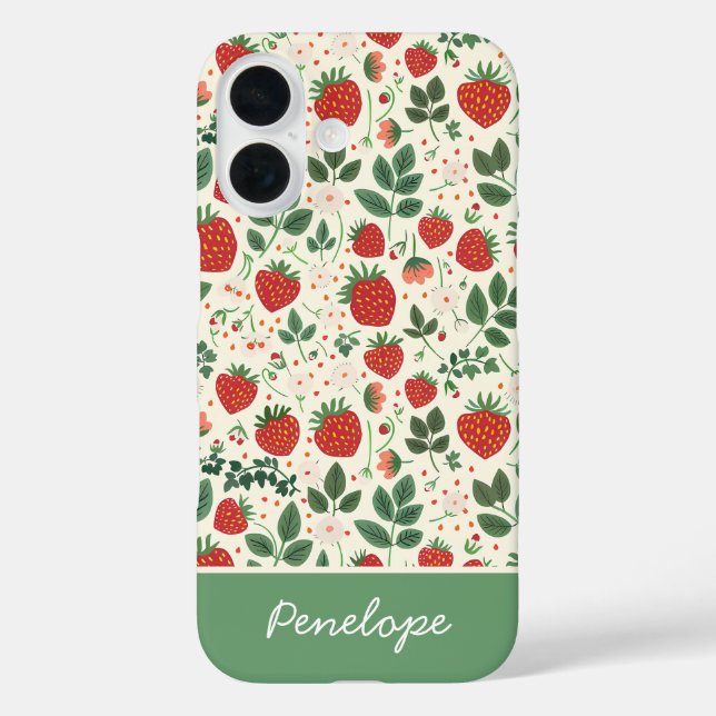 Niedliches Erdbeerdesign mit individuelle Name iPhone 16 Hülle (Rückseite)