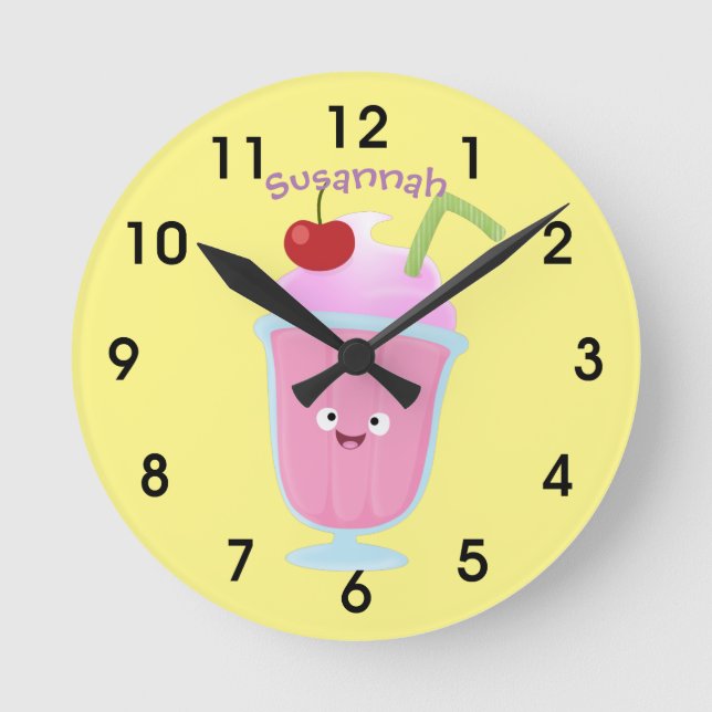 Niedliches Erdbeereis Sundae Cartoon rund Klon Runde Wanduhr (Vorderseite)