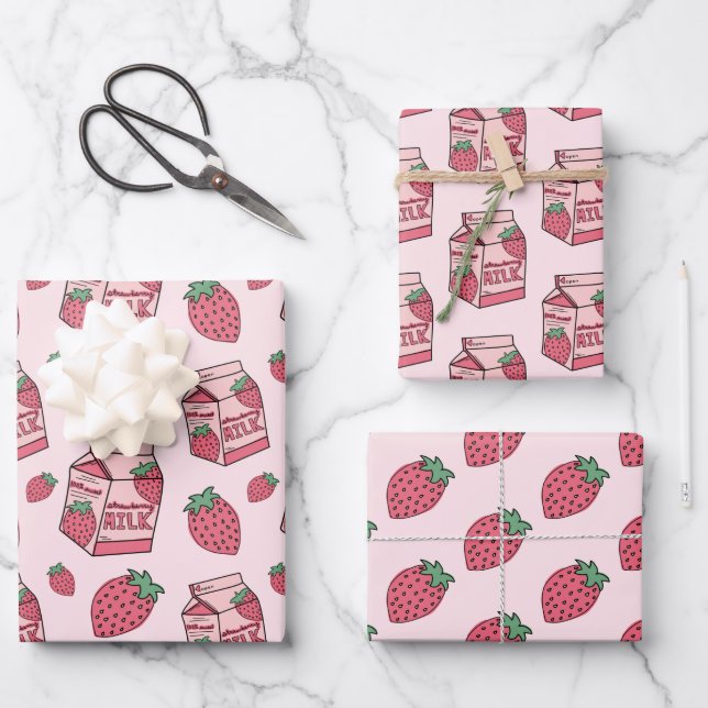 Niedliches Erdbeermilch rosa Muster Geschenkpapier Set (Vorderseite)