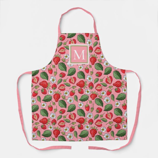 Niedliches Erdbeermuster Monogramm Rosa Schürze (Vorderseite)