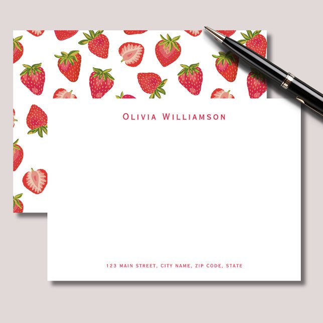 Niedliches Erdbeermuster personalisiert Mitteilungskarte (Strawberry personalized notecards with name and address details. )
