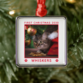 Niedliches erstes Weihnachtskatzennachtsjahr Foto  Ornament Aus Metall