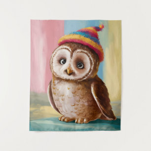 Niedliches Eule in farbenfroher Beanie Wandteppich