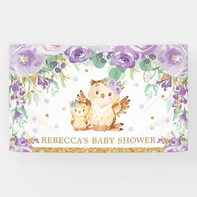 Niedliches Eule Lila Blumendusche Hintergrund Banner (Horizontal)