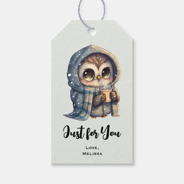 Niedliches Eule mit einem Kaffee für Sie Geschenkanhänger (Vorderseite)