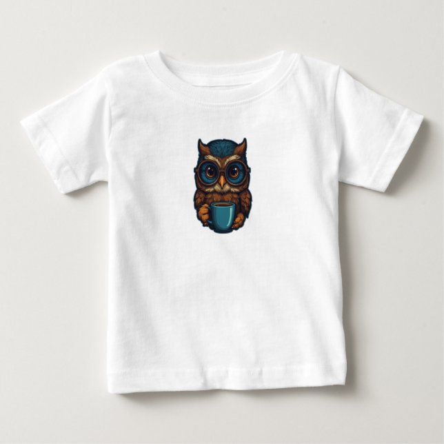 "Niedliches Eule mit Kaffee-Cup" Witziges Design Baby T-shirt (Vorderseite)