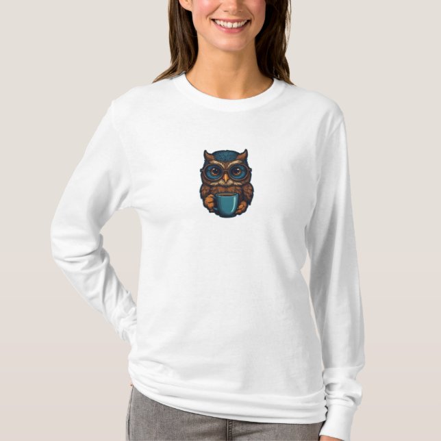 "Niedliches Eule mit Kaffee-Cup" Witziges Design T-Shirt (Vorderseite)