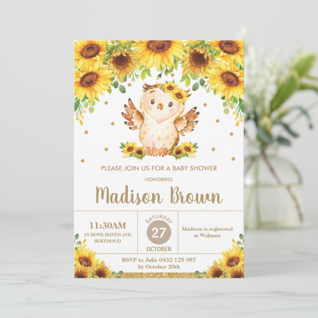 Niedliches Eule-Sonnenblume-Baby-Duschmädchen  Einladung (Stehend Vorderseite)