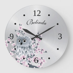 Niedliches Eulen-und Kirschblüten-silbernes Große Wanduhr