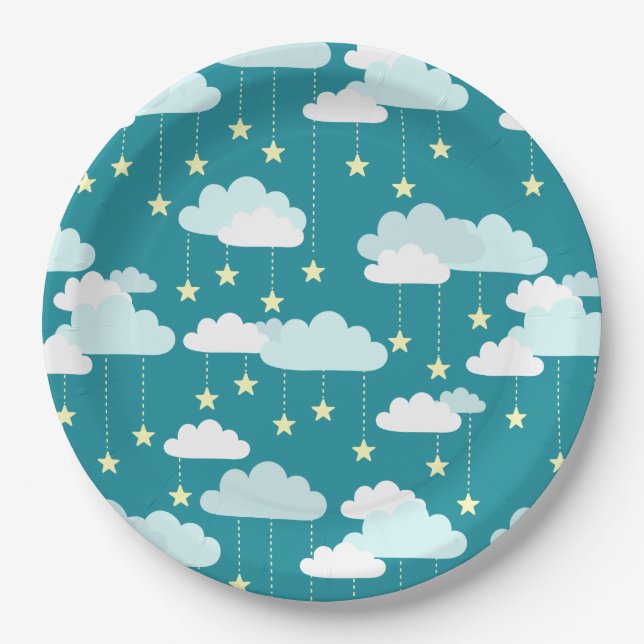 Niedliches Fallstars- und Wolkenmuster Pappteller (Vorderseite)