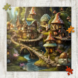 Niedliches Fantasy Gnome Mushroom Mairy Tale Puzzl<br><div class="desc">Puzzle mit einem Gemälde einer Fantasielandschaft mit niedlichen Pilzhäusern,  Feen und Zwergen wie in einem Märchen.</div>