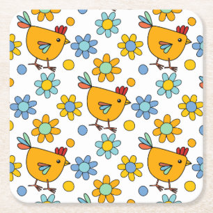 Niedliches farbiges Huhn und Blume Rechteckiger Pappuntersetzer
