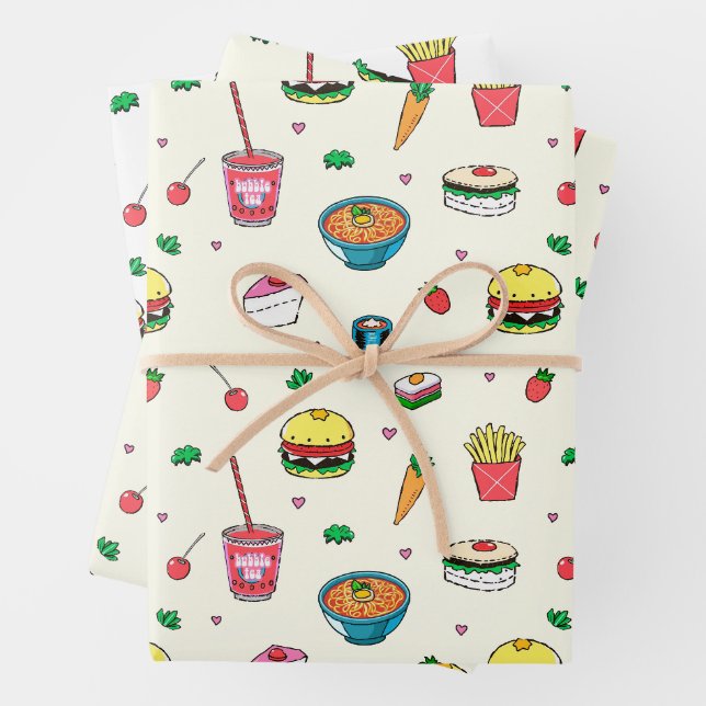 Niedliches, farbiges Lebensmittelmuster auf weiß Geschenkpapier Set (Beispiel)
