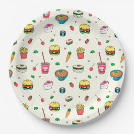 Niedliches, farbiges Lebensmittelmuster auf weiß Pappteller