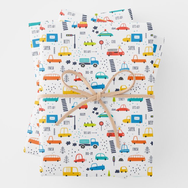 Niedliches, farbiges Muster des Autoverkehrs Geschenkpapier Set (Beispiel)