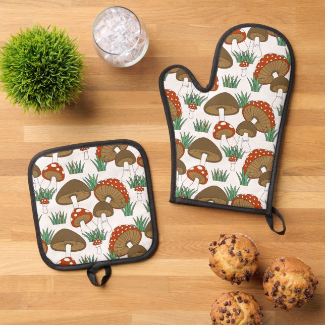 Niedliches farbiges Pilzlanddesign Ofenhandschuh & Topflappen-Set (Oben Unten)