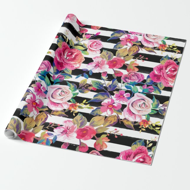 Niedliches Federblumenmuster und Streifen Geschenkpapier (Ungerollt)