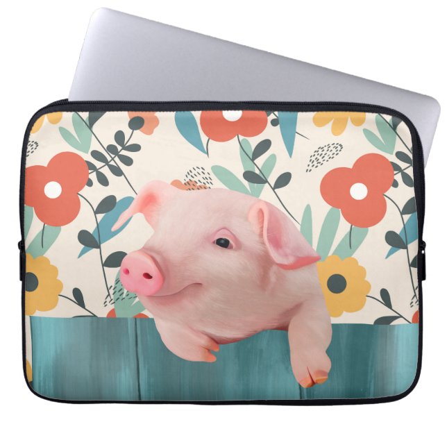 Niedliches Ferkel und fröhliche Blüten Laptopschutzhülle (Vorderseite)