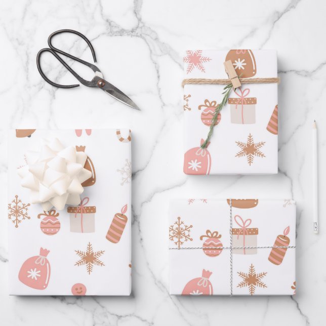 Niedliches festes Pink Weihnachtskuchen Schneefloc Geschenkpapier Set (Vorderseite)