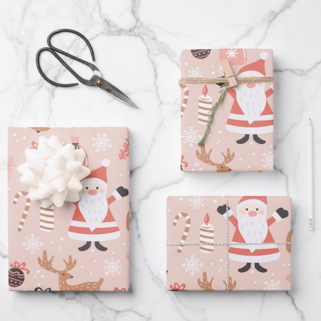 Niedliches festes Rosa Weihnachtsbaum Snowman Rent Geschenkpapier Set (Vorderseite)