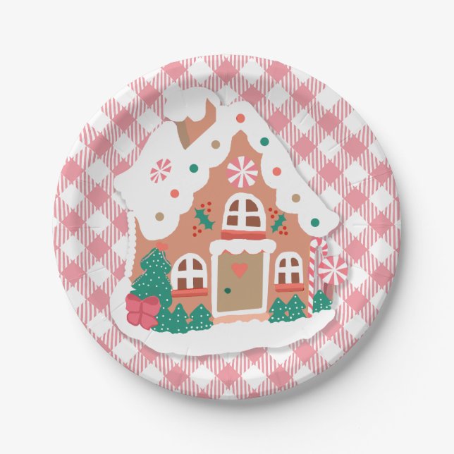Niedliches festes Schneerosa Gingerbrot House Ging Pappteller (Vorderseite)