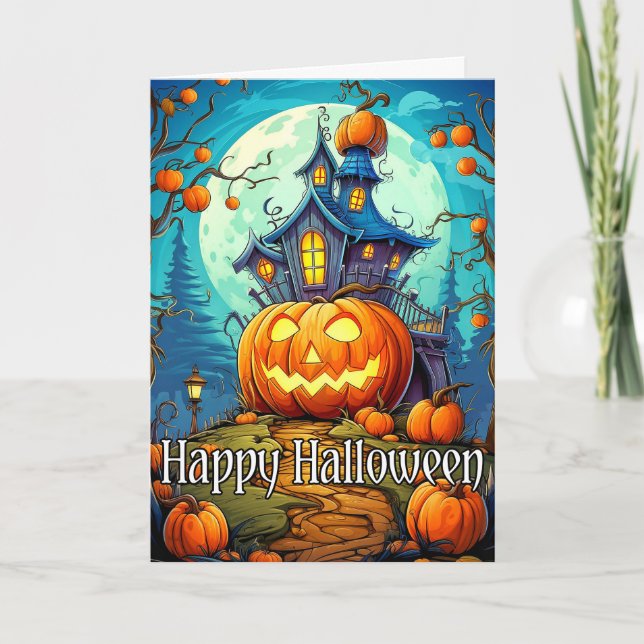 Niedliches festes Spuk Haus | Frohe Halloween Karte (Vorderseite)