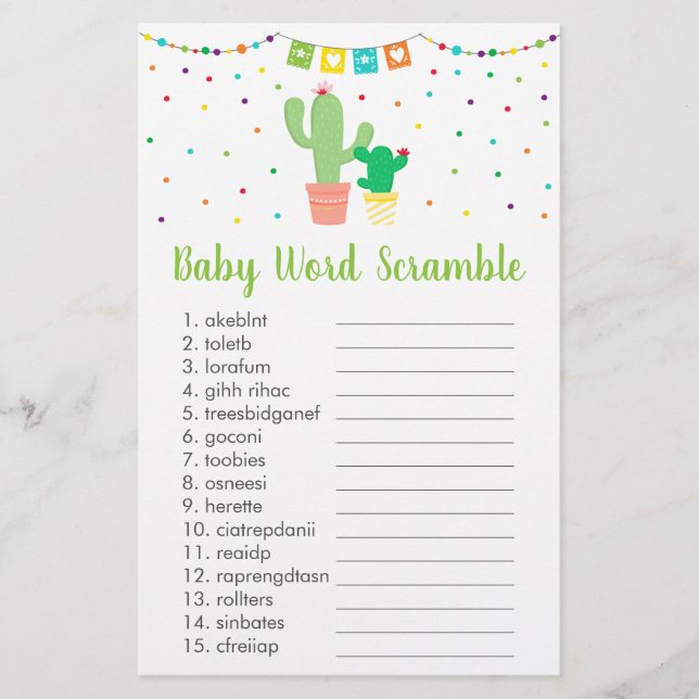 Niedliches Fiesta Cactus Baby Shower Word Scramble (Vorderseite)